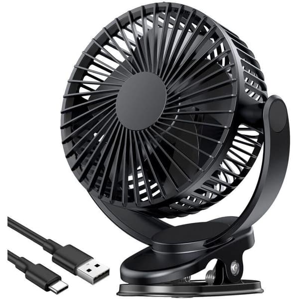 USB-blæser. Genopladelig bærbar blæser. 3 hastigheder. Klemmebeslag. 360° rotation - Sort.