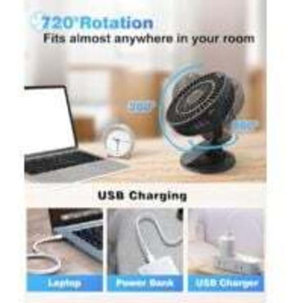Mini USB genopladelig ventilator, 5 blæserhastigheder, 720° rotation, LCD-skærm, ultra-stille - sort