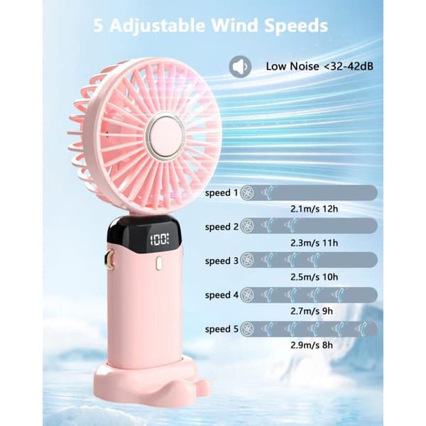 Mini bærbar USB-bordventilator, 5 ventilatorhastigheder, indbygget USB-batteri. Sammenklappelig ventilator (pink).