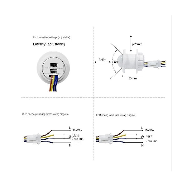 2st Rörelsesensor Ljusbrytare 110-220v Pir Sensor Smart Detektion Tidsfördröjning Justerbar Infraröd (ZYH)