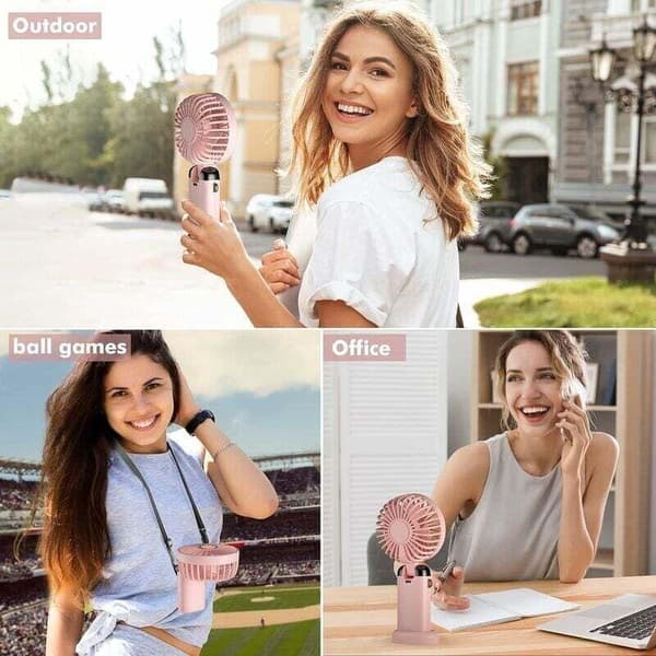 Mini bærbar ventilator, USB genopladelig, 5 blæserhastigheder, med stativ. Sammenfoldelig bordventilator - pink.