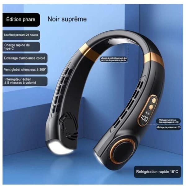 Mini bærbar USB elektrisk halsventilator. Stille. LED digitalt display. Bladfri. Lys. 5 hastigheder til sommer.