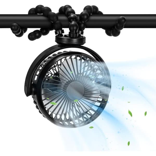 Mini bærbar ventilator 5200 mAh – Lang batterilevetid – 360° rotation – Kompatibel med klapvogne og autostole – Sort
