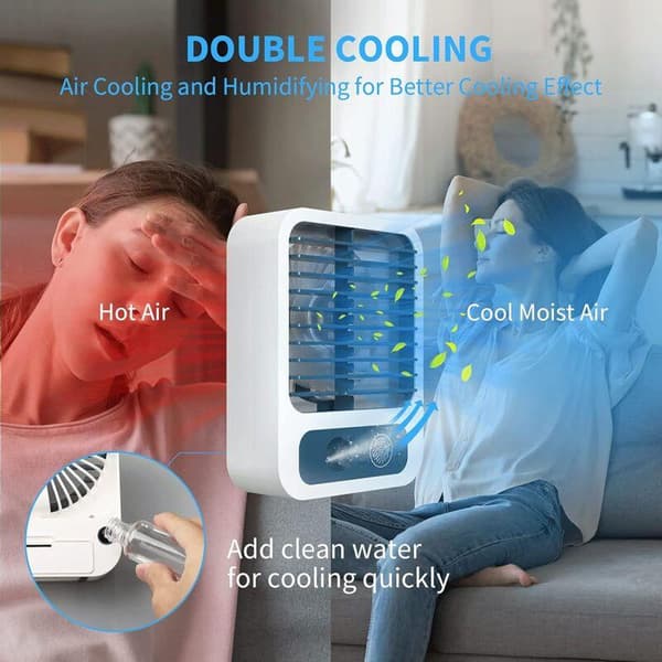 Mini skrivebordsventilator med forstøver. Tre hastigheder. USB genopladelig. Stille drift. Hvid.