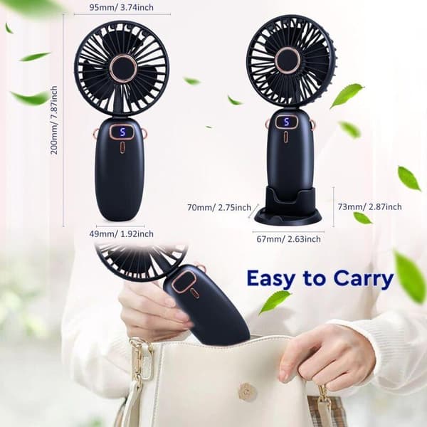 Lille 5-trins lommeventilator med base. Mini bærbar USB-ventilator, støjsvag og kraftfuld (blå).
