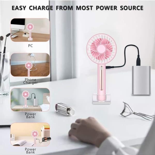 Bærbar ventilator. USB genopladelig lommeventilator med base. Stille håndholdt ventilator med fire hastigheder - pink.