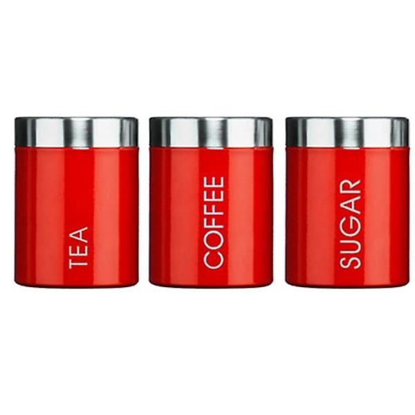 Rött set med 3 te-, kaffe- och sockerbehållare, köksförvaringsbehållare, burkar, krukor (10 cm x 12 cm vardera) (ZYH)