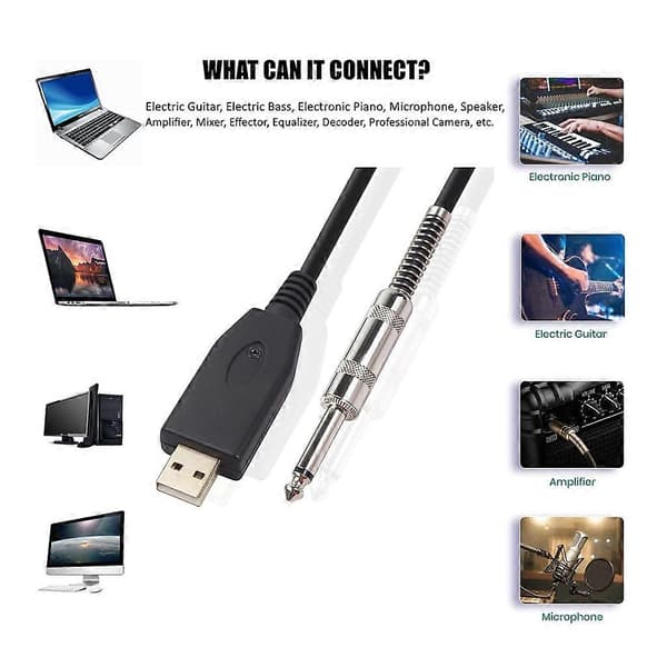 USB Gitarrkabel USB 2.0 Interface Hane till 1/4 Tum TS（6.35）Jackkontakt Sladd Elgitarr