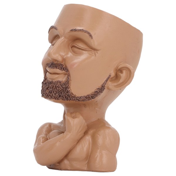 Kruka med ansikte och dräneringshål, Man Face Flower Pot Head Planter, muskulös man, blomkruka för vardagsrum, hall, kaffefärg (ZYH)