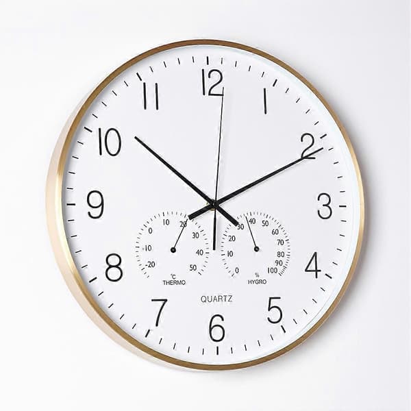 Væg ur med termometer og hygrometer hvid guld 38 cm