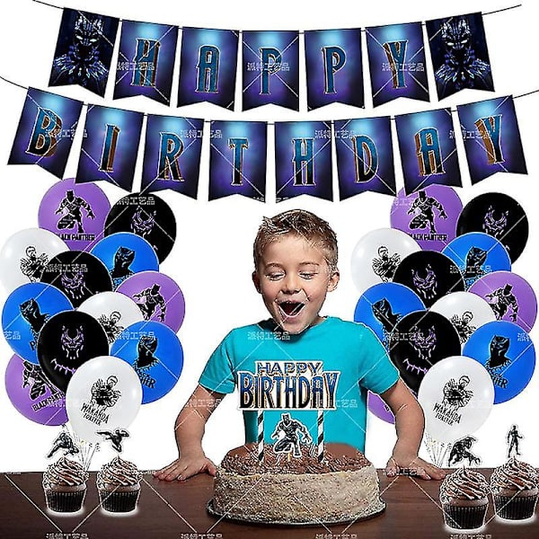 Svart Panther temafestdräkt Grattis på födelsedagen Banner Karaktär Dekorativ flagga Ballong Combo Barnfest Layout Tillbehör  (ZYH)