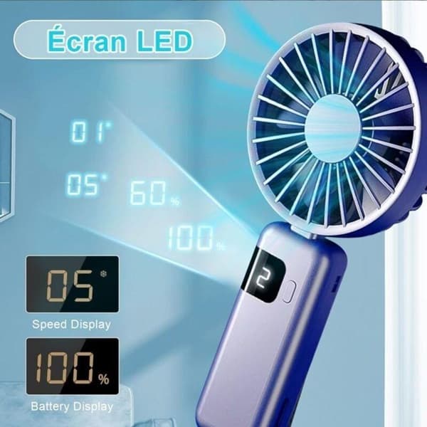 Mini bærbar ventilator - USB-C opladning, 1200 mAh batteri - 5 blæserhastigheder - Cirkulationstilstand - Blå-violet