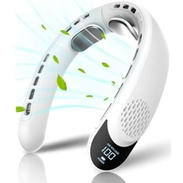 Bärbar nackfläkt med 3 hastigheter. 360° rundstrålande luftflöde. Vit LED-display.