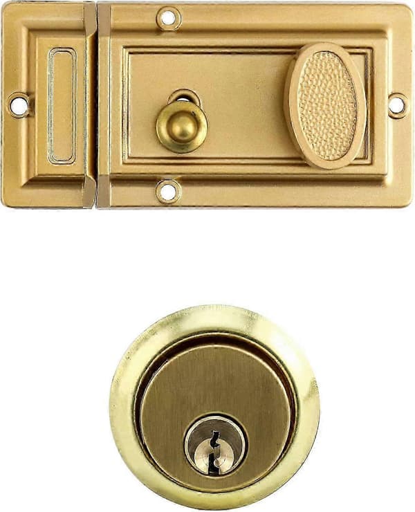 Natlås deadbolt kantrigellås med nøgle, guldfinish, antik stil lås med front