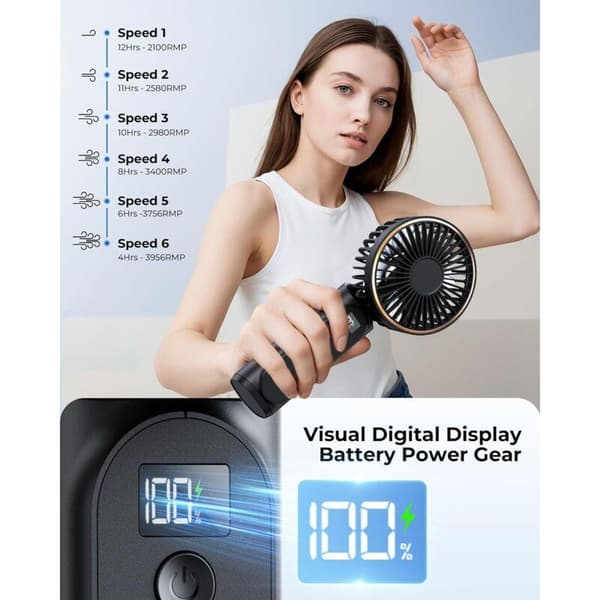 Bærbar ventilator. Genopladelig ventilator. 3600 mAh batteri. 180° justerbar. 6 blæserhastigheder.