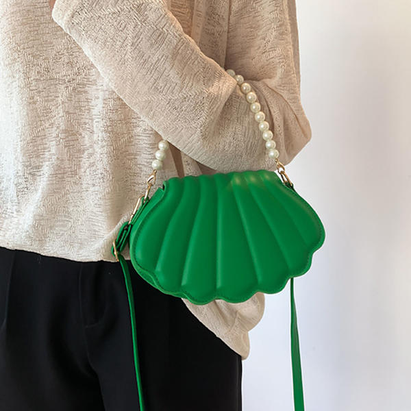 Shell Messenger Bag Faux Pearls Chain Handbag PU Läder Artificiella Pärlor Kedja Stylish Axelväska för Kvinnor Grön Fri Storlek  (ZYH)