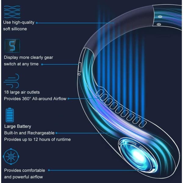 Blå bærbar bladløs halsventilator. 5-trins digitalt display. USB genopladelig.