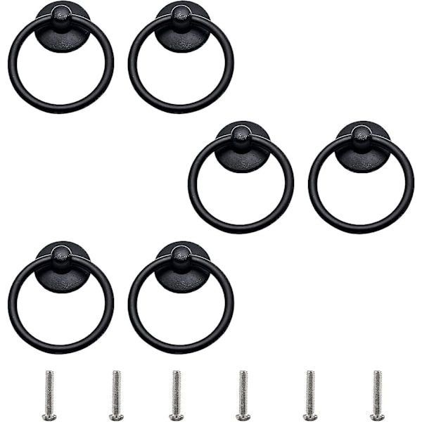 Lådhandtag i zinklegering, 6 st, metallring, enkelhålsknopp, möbelhandtag, skåp, låda, skruvring (svart)  (ZYH)
