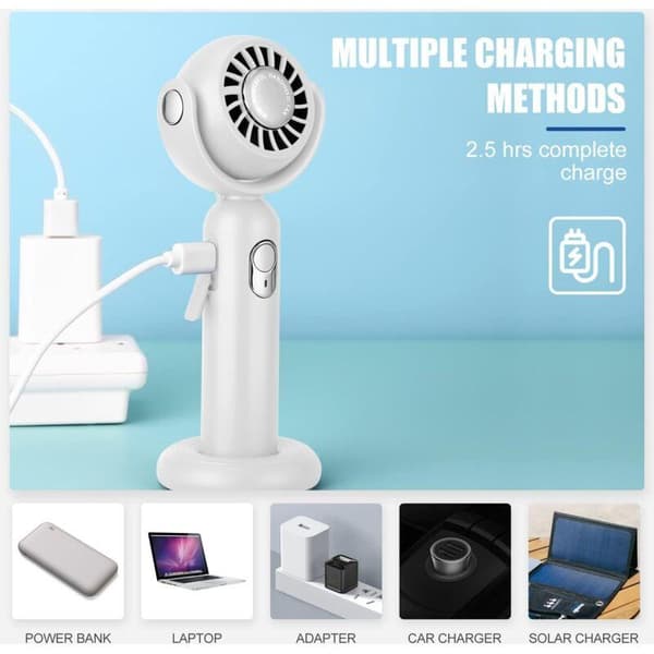 Mini bærbar ventilator med kraftig luftstrøm, 3 hastigheder og 130° rotation. Bordventilator med base - hvid.