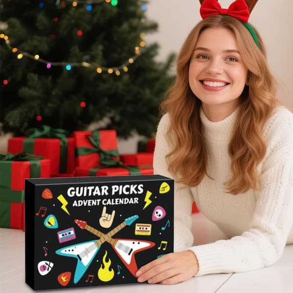 Gitarrplektrum Adventskalender 2026 – 24 Dagar med Celluloid och Träplektrum, Julkalender Perfekt Julklapp för Gitarr, Bas och Ukulele