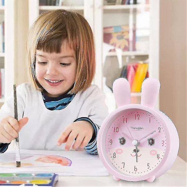 Barnklocka för flickor utan tickande, kanin barnklocka tyst väckarklocka W  (ZYH) pink
