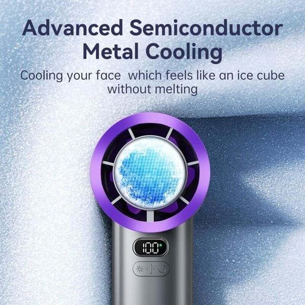 Bærbar ventilator med USB-interface. Lydløs. Minibatteri. Optimal ydeevne. Grå-lilla farve.