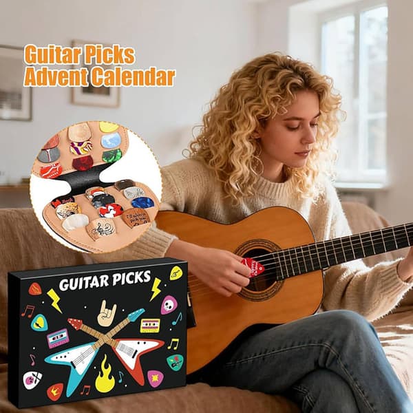 Gitarrplektrum Adventskalender 2026 – 24 Dagar med Celluloid och Träplektrum, Julkalender Perfekt Julklapp för Gitarr, Bas och Ukulele