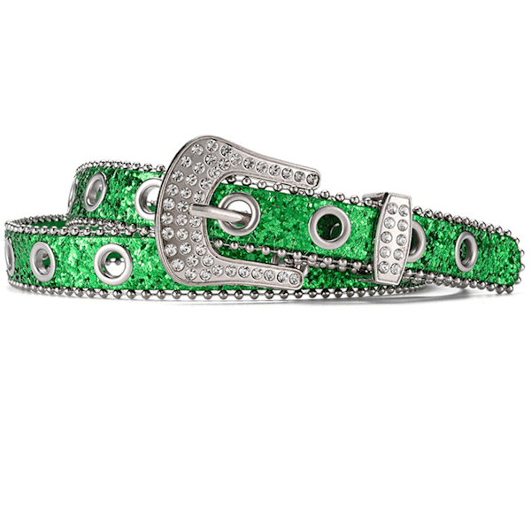 Rhinestone-prydd bälte i PU-läder, justerbart spänne, bling-bling, strassbesatt, allsidigt, snyggt midjebälte för kvinnor, grönt, storlek: one size (ZYH)