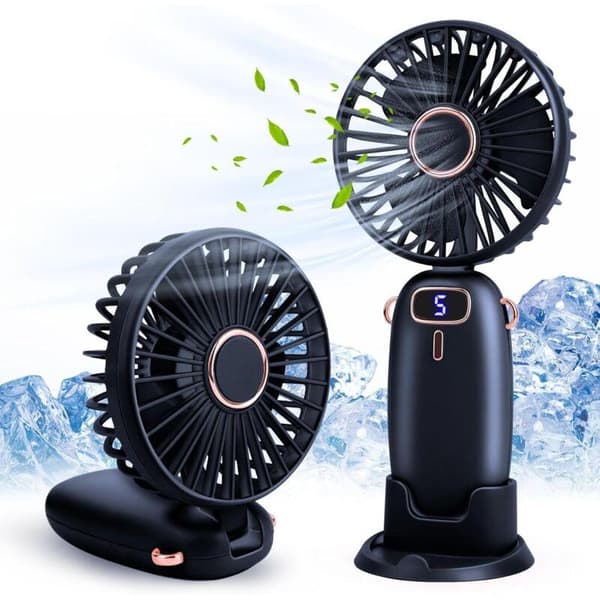 Lille 5-trins lommeventilator med base. Mini bærbar USB-ventilator, støjsvag og kraftfuld (blå).