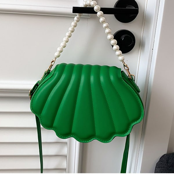 Shell Messenger Bag Faux Pearls Chain Handbag PU Läder Artificiella Pärlor Kedja Stylish Axelväska för Kvinnor Grön Fri Storlek  (ZYH)