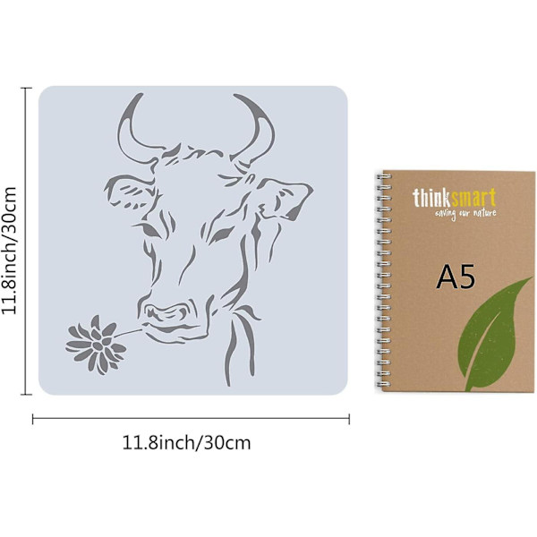 Ko-blomma stencil, återanvändbar stencil för lantgårdsdjur, mallar för målning på trävägg canvas 11,8x11,8 tum DIY bondgård konst hantverk  (ZYH)