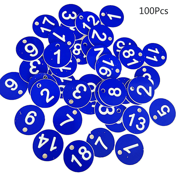 100 st plast ID-nummerbrickor 1-100 graverade nummer ID-bricka färgade för nyckelring (ZYH) Blue