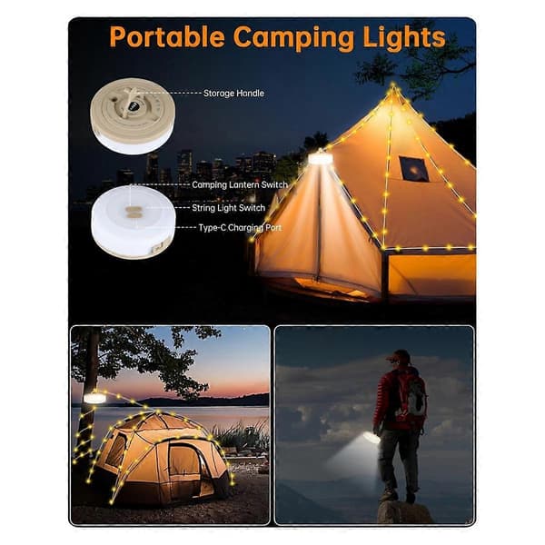 2-i-1 Utomhus Camping Ljusslinga, Portabel LED Campinglykta Utomhus Camping Ljusslinga