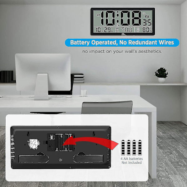 Stor digital väggklocka - 14 tums oversize batteridriven skrivbordsklocka med temperatur, datum och andra stor display (ZYH)