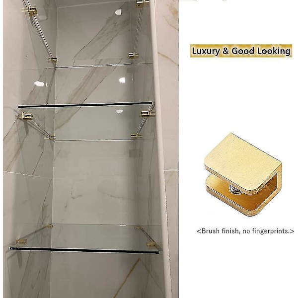 4-pack glasklämma, glasfäste utan borrning, glashyllhållare, klämma (för 10-12 mm glas, guld) C  (ZYH)