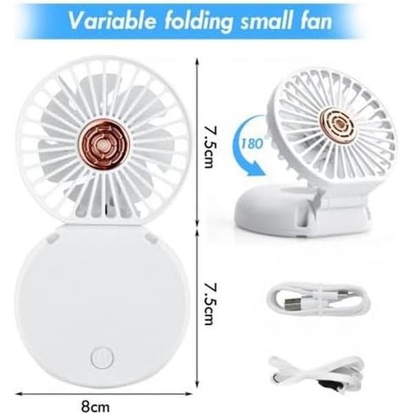 Mini bærbar ventilator genopladelig via USB. Kompakt og foldbar bordventilator med 3 hastigheder. (Hvid)