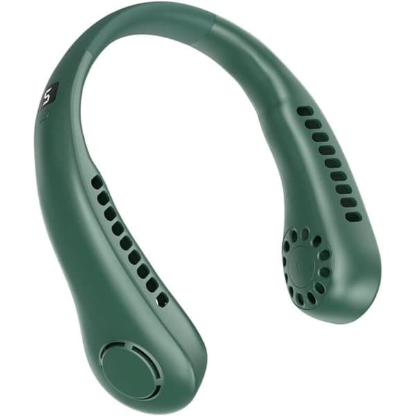 Grøn bladløs halsventilator. 5-trins digitalt display. Kompakt, USB genopladelig håndholdt ventilator.