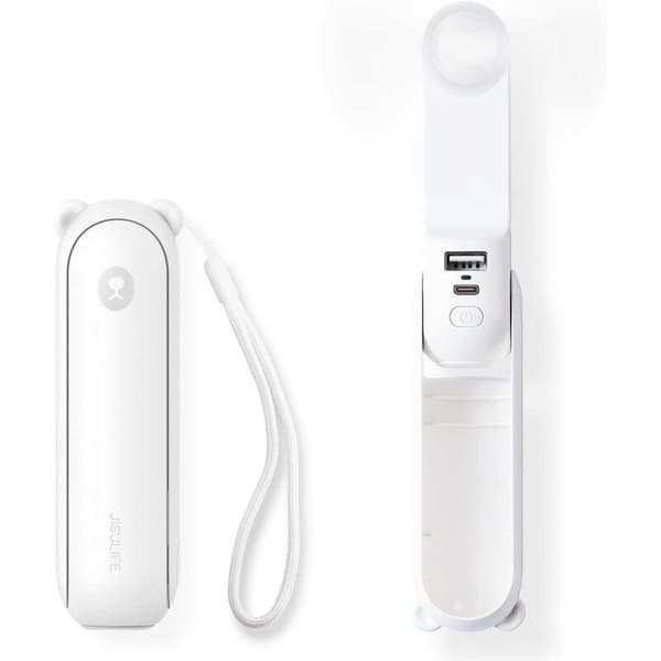 Mini bærbar ventilator. 3-i-1 bærbar ventilator. Batteridrevet ventilator med eksternt batteri - hvid.