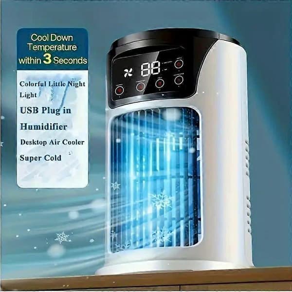 3-i-1 Mini Air Conditioner Fan, Table Fan with Humidifier and Ice Mist, USB, Quiet Cooling
