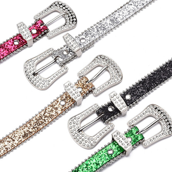 Rhinestone-prydd bälte i PU-läder, justerbart spänne, bling-bling, strassbesatt, allsidigt, snyggt midjebälte för kvinnor, grönt, storlek: one size (ZYH)
