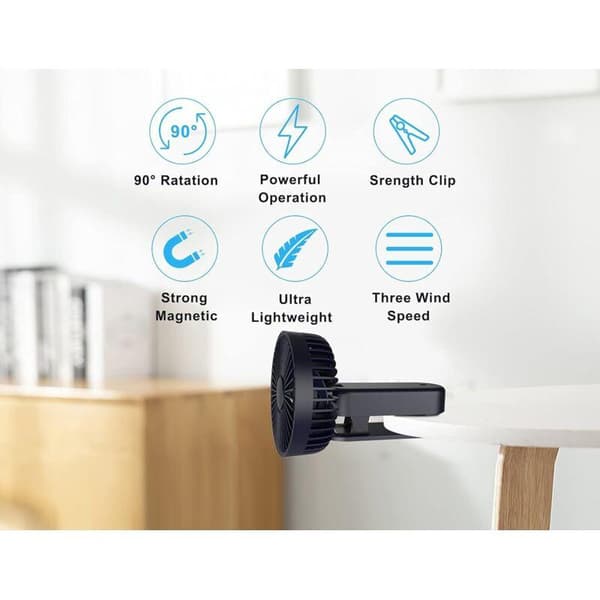 Mini clip-on blæser. Magnetisk clip-on blæser. Bærbar USB-blæser med tre hastigheder (blå).