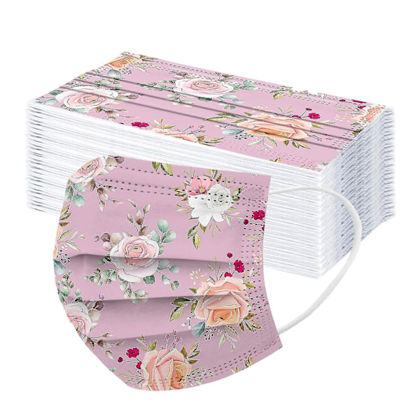 50 st engångsmasker för vuxna, unisex, blommiga, mjuka, 3-lagers