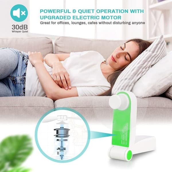 Mini bærbar lommeventilator. Bordventilator. USB-interface. Genopladelig. Lille grøn bærbar ventilator.