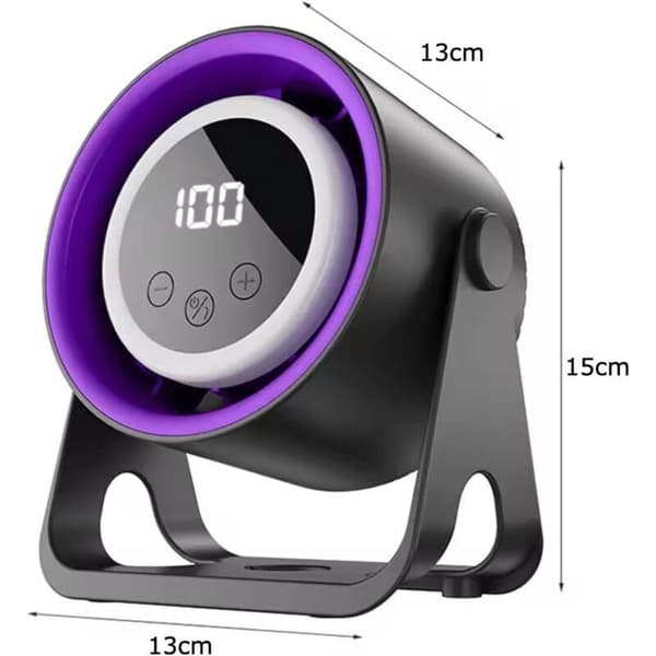 2-i-1 USB genopladelig bordventilator med indbygget natlys og LED-display. 100 blæserhastigheder.