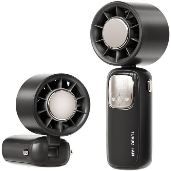 Mini bærbar turboventilator – 12-timers batterilevetid – Sammenfoldelig – Ideel til rejser og kontor – Sort