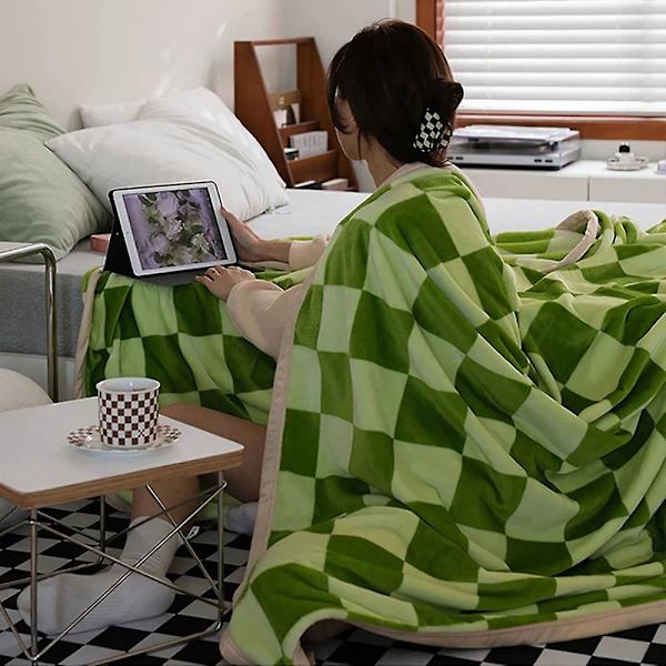 Retro Rutmönster Flanellfilt Sovande Filt Tjock Vinter Flanell Varma Mjuka Filtar Överkast B  (ZYH) Green