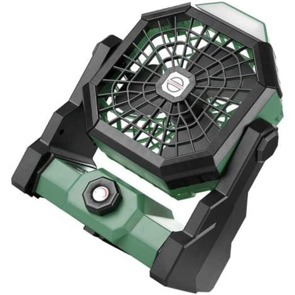 Bærbar genopladelig ventilator med justerbar hastighed og LED-lys. Stille drift. Plastmateriale - grøn farve.
