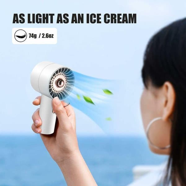 Mini bærbar ventilator, tre blæserhastigheder, støjsvag drift. USB genopladelig, hurtig opladning - hvid.