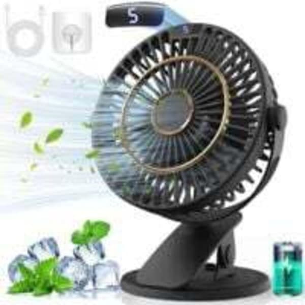 Mini USB genopladelig ventilator, 5 blæserhastigheder, 720° rotation, LCD-skærm, ultra-stille - sort