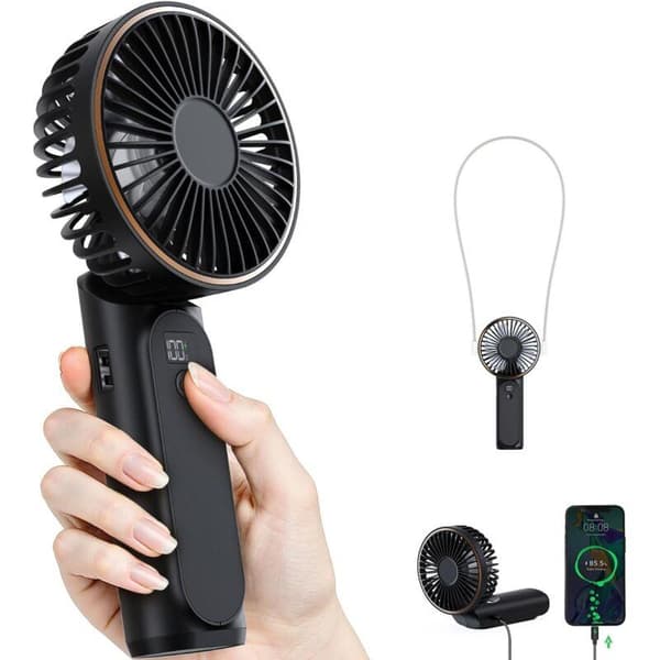 Bærbar ventilator. Genopladelig ventilator. 3600 mAh batteri. 180° justerbar. 6 blæserhastigheder.